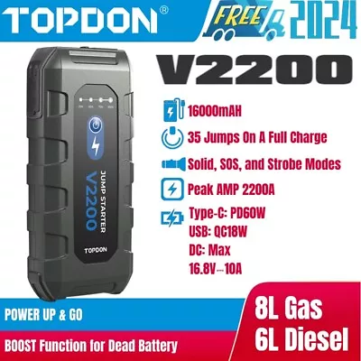 🏆TOPDON  Portable 2200 PEAK AMP JUMP STARTER & BOOSTER 16000mAh Boost Function • $99