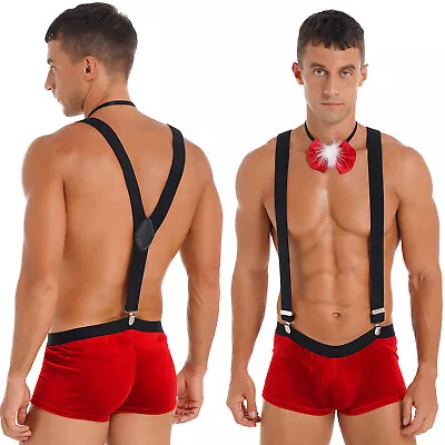 Mens Christmas Santa Claus Costume Boxer Shorts Leotard With Suspenders Bow Tie • $6.43