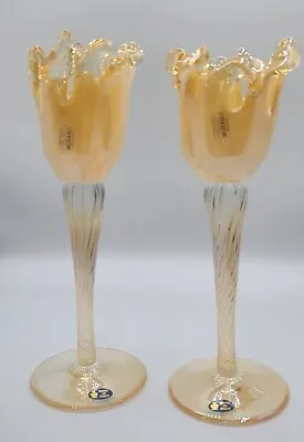 New Murano Art Glass Italy Candle Holder Amber Gold Set Of 2 Read Description • $49.99