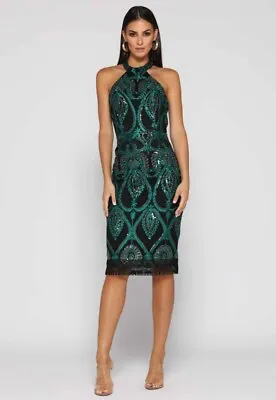 NWT Elle Zeitoune 8 Shannon Black Green Embroidered Embellished High Neck Dress • $129.95