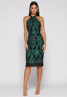 NWT Elle Zeitoune 8 Shannon Black Green Embroidered Embellished High Neck Dress • $129.95