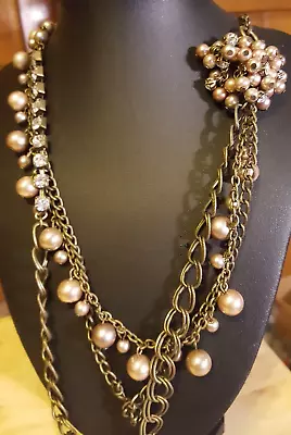 Vintage Antique Gold Color Faux Pearl Multi Strand Loft Necklace  32  • $5