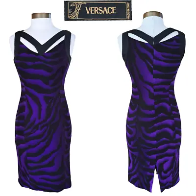 VERSACE Vintage 90s Sheath Dress Purple Black Tiger Zebra Size 40 IT XS 4 US • $275