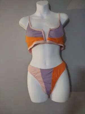 $28.88 • Buy ZAFUL Ribbed V Wired Colorblock Bikini Set, Multi Color, Size Large Cheeky