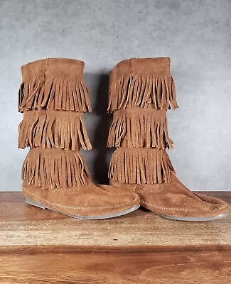 Minnetonka 1638 Moccasin Boots 3 Layer Leather Fringe Women's Size 10 • £31.76