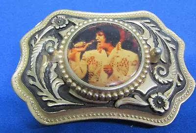 VINTAGE Elvis Presley GOLD Tone Belt Buckle Photo Performing ZB-002 • $23.75