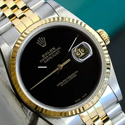 Rolex Mens Datejust 16233 Black Dial 18k Yellow Gold & Steel Fluted 36mm Watch • £5061.27