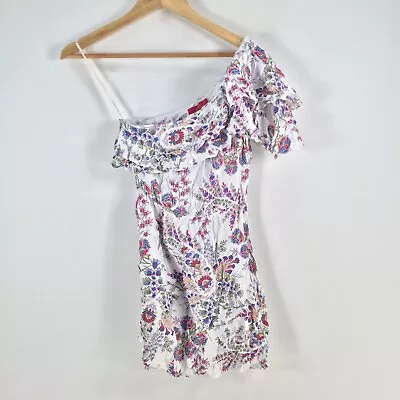 Tigerlily Womens Dress Size 6 White Floral Mini Short Sleeve One Shoulder 078562 • $34.95