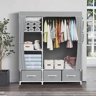 Canvas Wardrobe Clothes Closet Cupboard + Hanging Rail Shelves 3 Storage Drawers • £32.26