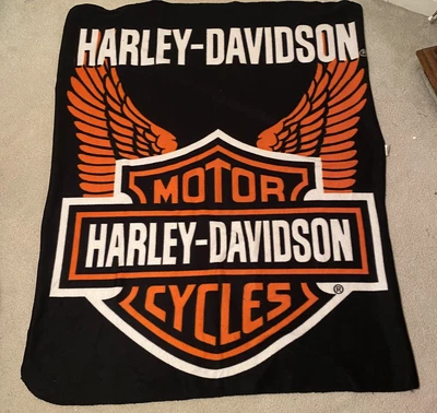 $20 • Buy Harley Davidson Fleece Blanket Logo Black Orange 57 X 49 Motorcycle