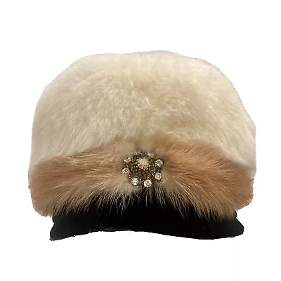 Vintage 60s Cherry & Webb Rabbit & Fox Real Fur Women's Hat XS With Jeweled • $79