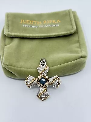 Judith Ripka Sterling Silver & Gold Tone CZ Blue Topaz Maltese Cross Pendant • $119.99