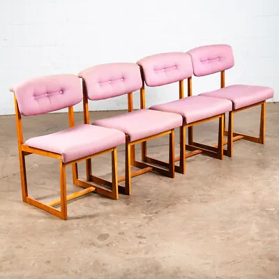 Mid Century Danish Modern Dining Chairs Set 4 Art Furn Oak Wood Pink Tufted • $1398.98