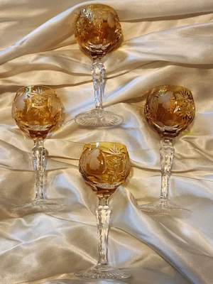 $75 • Buy 4 Nachtmann Traube Sherry 4.75  Amber Yellow Gold Cut To Clear Crystal Bohemian
