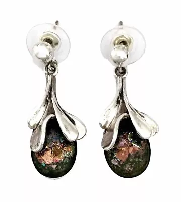 VINTAGE Sterling Silver ANCIENT ROMAN GLASS Dangle Post Earrings~Signed-MH~RARE! • $40