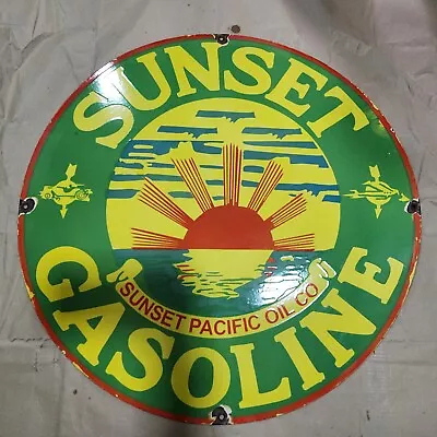 Sunset Gasoline Porcelain Enamel Sign 30 Inches Round • $100