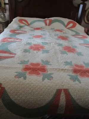 Antique Applique Quilt 60  X 92  Roses With Incredible Tiny Quilting Stitches • $95