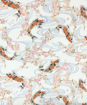 Japanese Cotton Fabric Carp Blossom Ivory Oriental Chinoiserie Fish Upholstery • £12.22