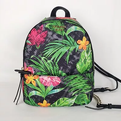 Victorias Secret Mini Backpack Faux Leather Gold Chain Tropical Print Black • $21.99