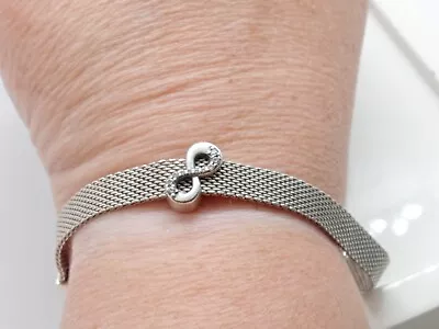 Pandora S925 ALE Silver Mesh Bracelet With Clip On CZ Set Infinity Charm   6  • £22.99