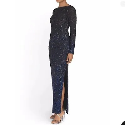 Aidan Mattox Navy Blue Sequin Embroidered Long Sleeve Gown Dress Side Slit Sz 2 • $75