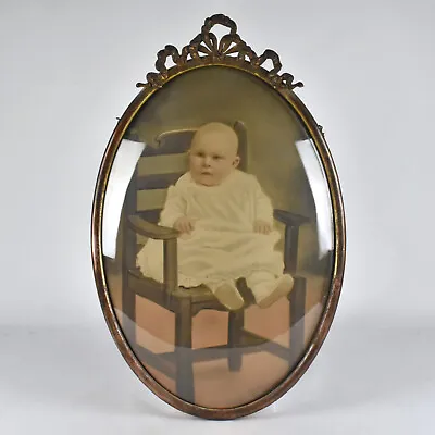 Vintage Antique Gold Tone Metal Oval Picture Frame Convex Glass Baby 14x20 Inch • $129.95