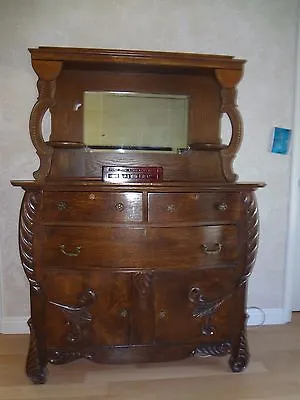 Antique American Tiger Oak Carved 2 Piece Mirrored Sideboard Buffet • $1259