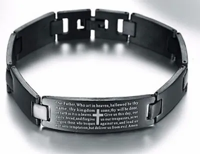 Quality Stainless Steel Black Bracelet Lords Prayer Cross Bangle Jesus Religion • £11.95