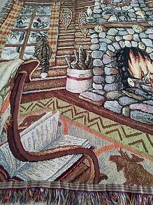 Vintage Tapestry Woven Throw Blanket Winter Cabin Fireplace Scene.Size 48  X 63  • $21.49