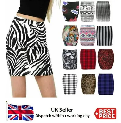 £5.95 • Buy Ladies Womens Printed Mini Skirt Stretch Elasticated Short Mini Skirts 8-26 Uk
