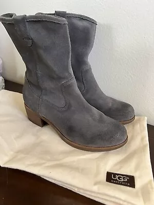 UGG RIONI CHARCOAL GRAY SUEDE High Ankle BIKER BOOTS SIZE 5.5? • $40