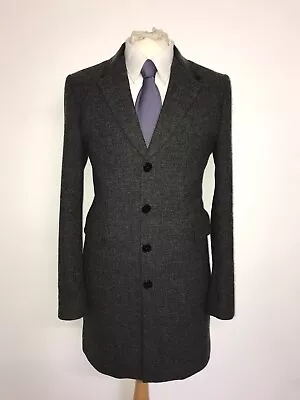 £149.99 • Buy PAUL SMITH - Mens Long Dark GREY TWEED WOOL Covert COAT - 38 Reg -Leather Collar