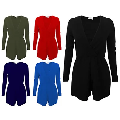 Ladies Womens Plain Wrapover V Neck Crepe Long Sleeve Romper Playsuit Uk 8 - 14 • £8.99