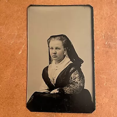 Antique Civil War Era Tintype Photo Young Woman In Lace Mourning Dress Veil • $21.95