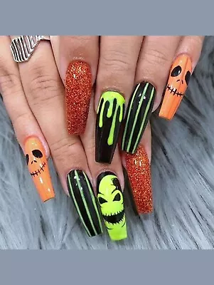 Halloween Long Coffin False Nails Orange Green Pumpkin 24pcs UK SELLER • £4.50