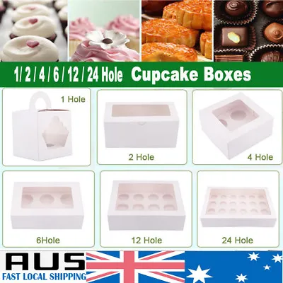 Cupcake Box 1/2/4/6/12/24 Holes 5-100x Window Face Cake Boxes Gift Cupcake Boxes • $13.44