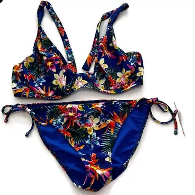 Sunsets Floral Tropical Bikini Set Swimsuit Beach Stretch Lined Sz XL Multicolor • $28.98