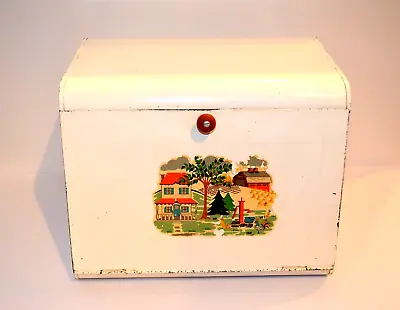 $49 • Buy Vtg Red Country Farm Scene Decal Hinged Metal Tin Bread Box Cottage Farmhouse