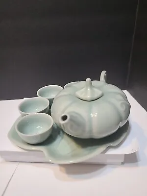 Vintage  Chinese Celedon Green Leaf Pumpkin Shaped Mini 6 Piece Tea Set • $35