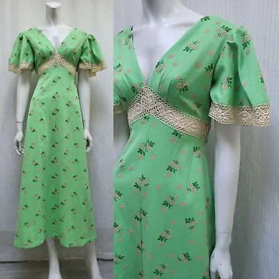 Vintage 60s 70s Neon Green Pink Floral Maxi Dress W/ Crochet Trim -Size XS - EUC • $62.10