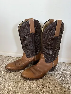 Frye Cowboy Boots Women’s 8.5B Dark Brown Tan Leather Western Horse U.S.A. Made • $34.99