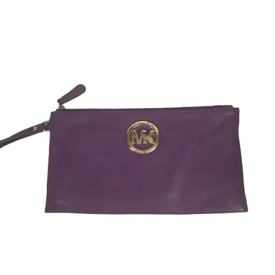 Michael Kors MK PURPLE Pebbled Leather Clutch Wristlet Wallet Pouch Bag Eggplant • $42.18
