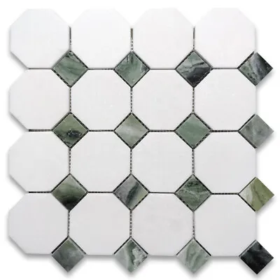 T812XP Thassos White Marble Octagon Mosaic Tile Sagano Green Dots Polished • $43.99