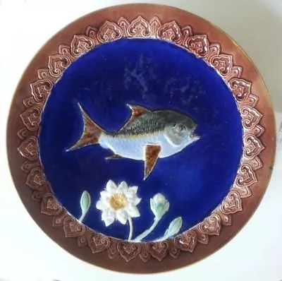 Pretty/Old Majolica Holdcroft Fish And Waterlily Compote On Cobalt Ground • $275