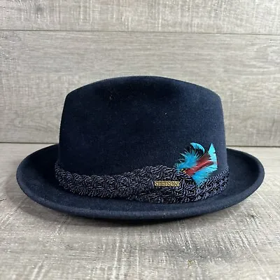 New Vintage The Sovereign Stetson Hat Braided Feather Accent Navy Blue 7 1/4 R • $79