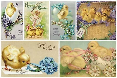 Set Of SIX Vintage Victorian Easter Chicks & Eggs Cotton Craft Fabric Blocks • $14.80