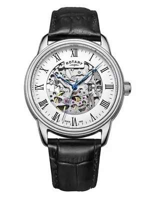 Rotary Men�s Analogue Automatic Skeleton Black Leather Strap Watch GS03095/21 • £159