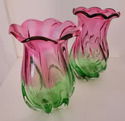 Vintage Handblown Teleflora Watermelon Pink Green Swirl Scallop Glass Vase • $13.50