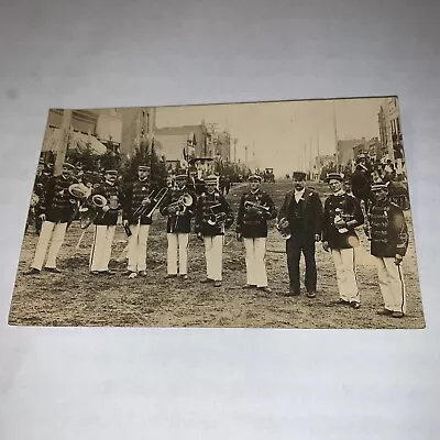 Vintage Photo Postcard Marching Band On The Street Uniforms Instruments Music  • $24.99