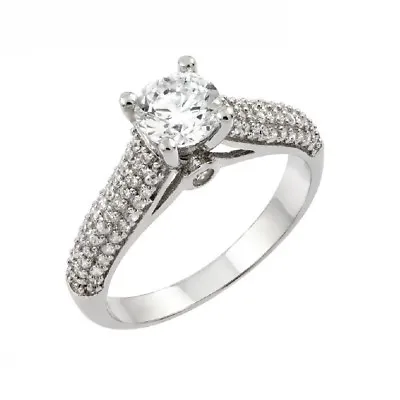 Sterling Silver Micro Pave CZ Stones Ladies Ring W/ 6 Mm (1 Ct) Center CZ Stone • $24.99